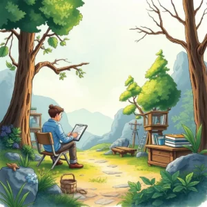 Person reviewing qa documents outdoors surrounded by nature and greenery.