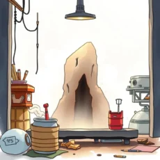 Illustration of a workshop with tools for quality control tasks.