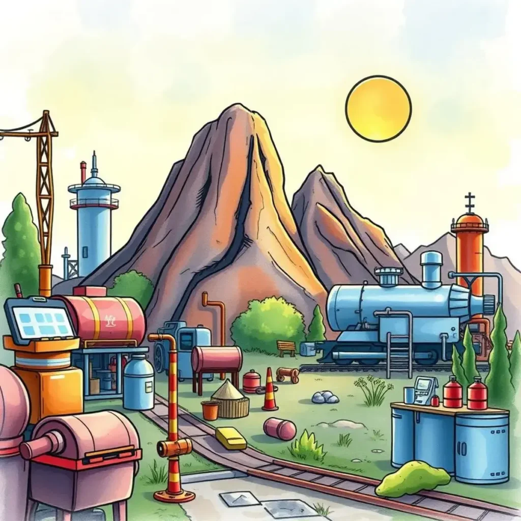 Quality control recommendation tool: Generate tailored process improvement suggestions 1 Illustration of a manufacturing site with mountains and equipment.