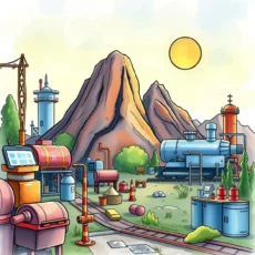 Illustration of a manufacturing site with mountains and equipment.