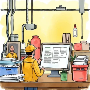A quality control specialist using a computer for quality documentation in an operations setting.