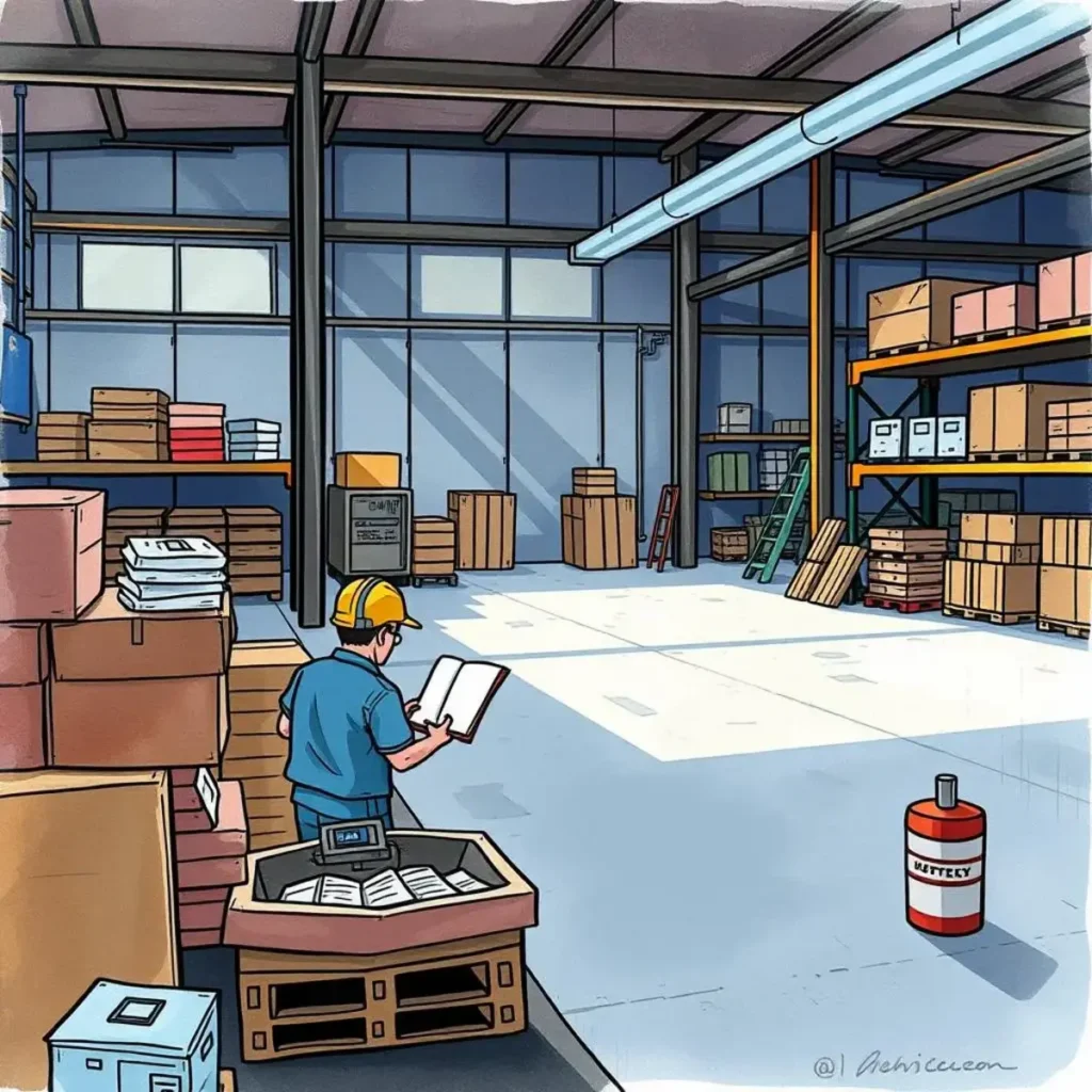 Quality insights reporter: Generate detailed quality reports from inputs 1 Man in a warehouse reading a report amid boxes.