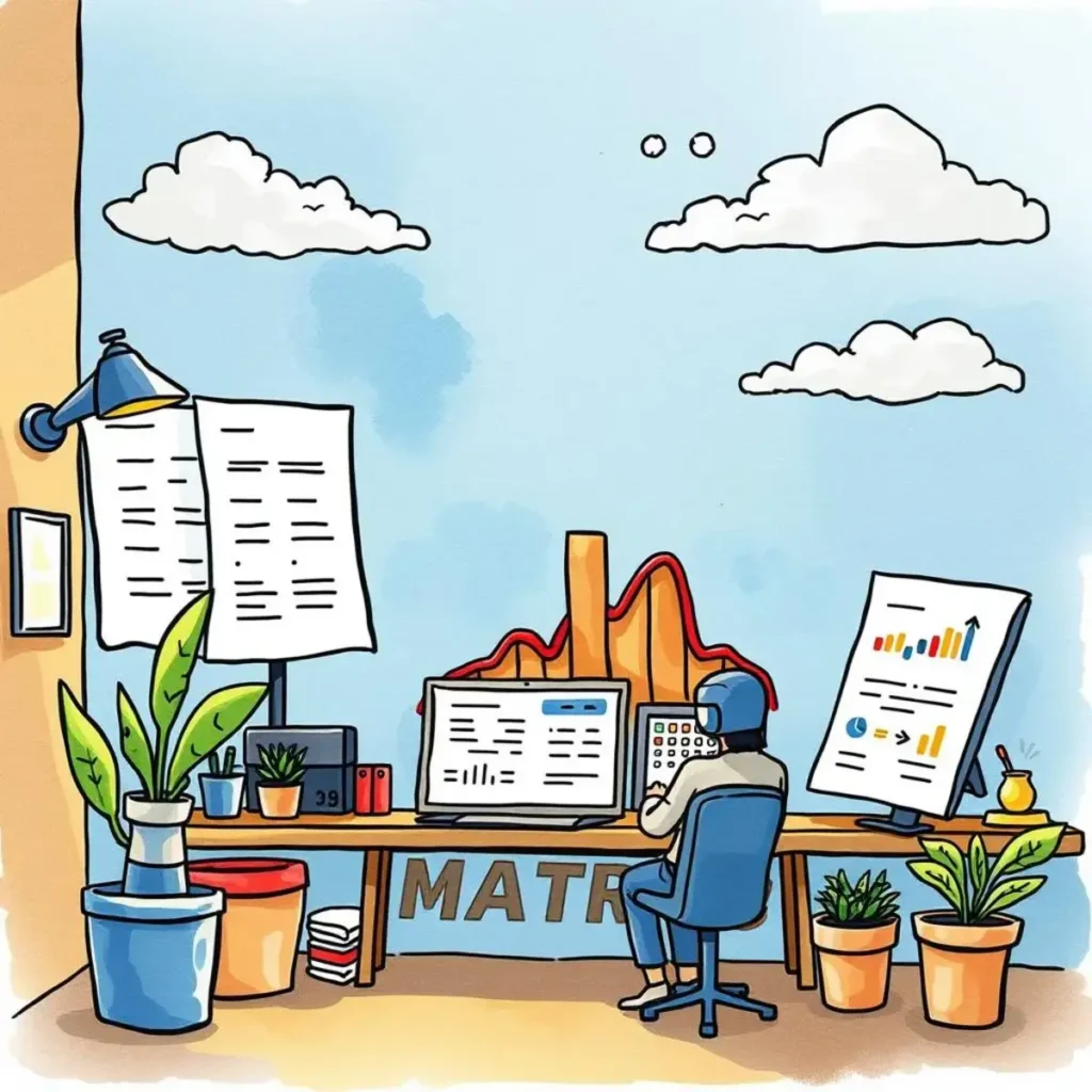 Performance Data Distributor office scene with a person analyzing metrics on a computer desk.