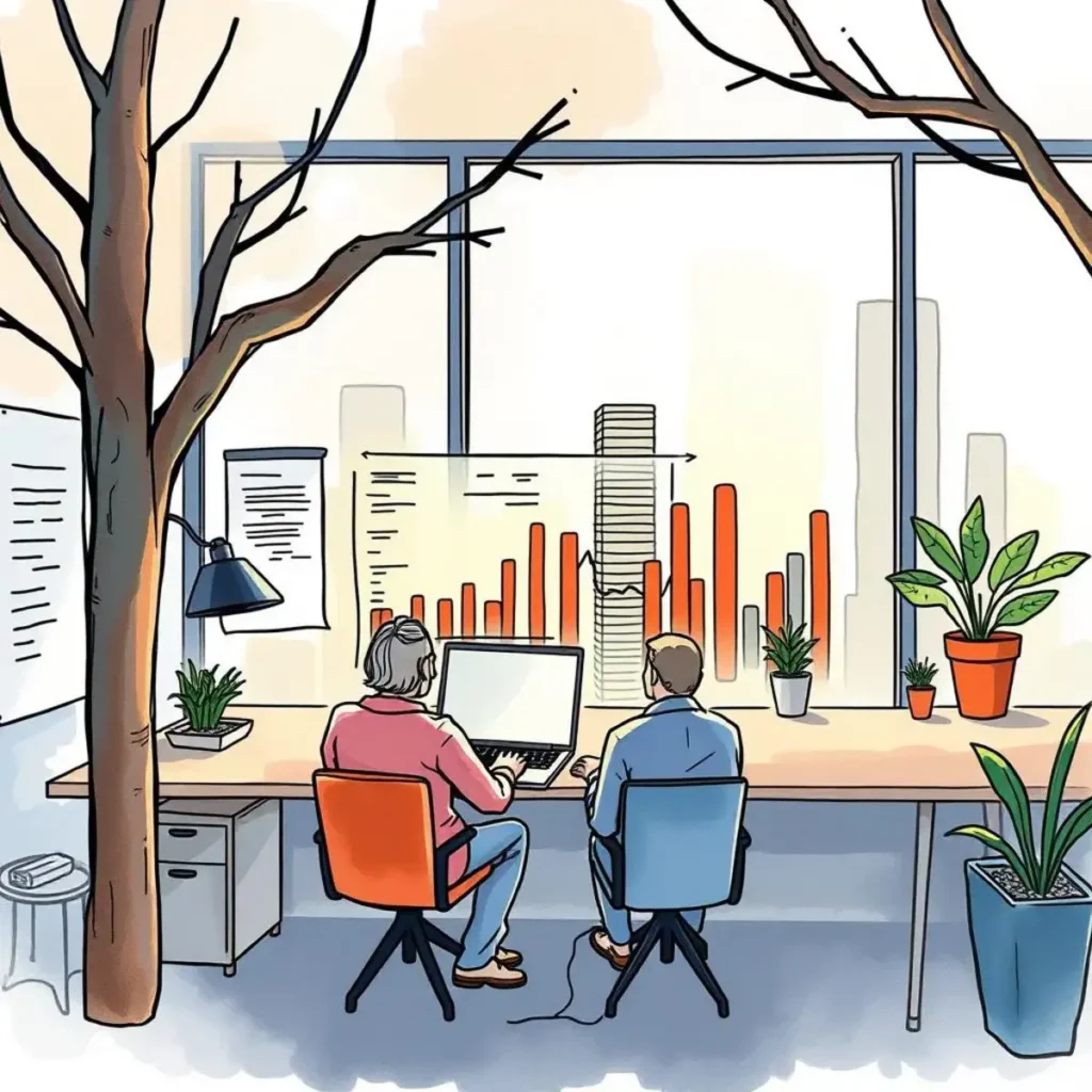 Quality assurance insights generator: Produce insights from quality data for stakeholders 1 Two professionals analyzing quality metrics on a computer in a modern office.