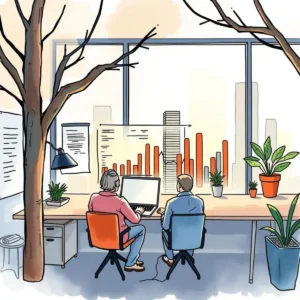 Two professionals analyzing quality metrics on a computer in a modern office.