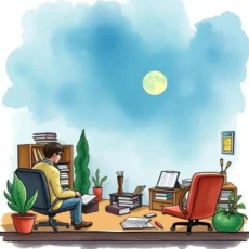 A person sitting in a productive workspace, reviewing documents under a blue moonlit sky.