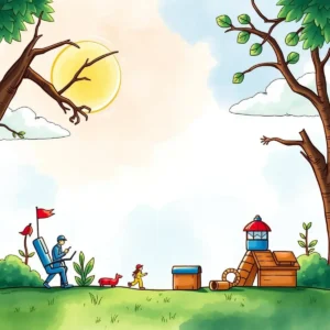 A playful outdoor scene with a person, child, and dog enjoying a sunny day in a park