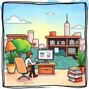 A woman sitting at a desk using a computer to generate agendas in a bright office setting.