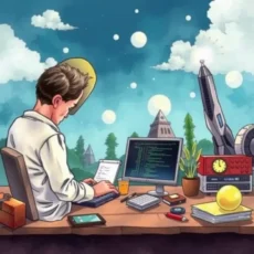 A software developer debugging code in a cozy, tech-inspired workspace.