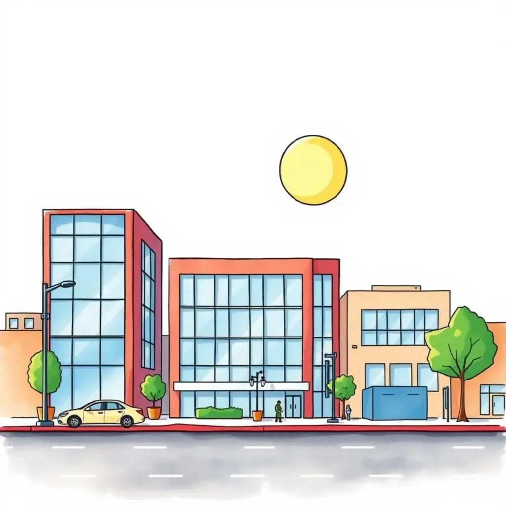 Real estate recommendation engine: Create data-driven lease recommendations 1 A vibrant illustration of modern commercial buildings under a bright sun, relevant to real estate analysis.
