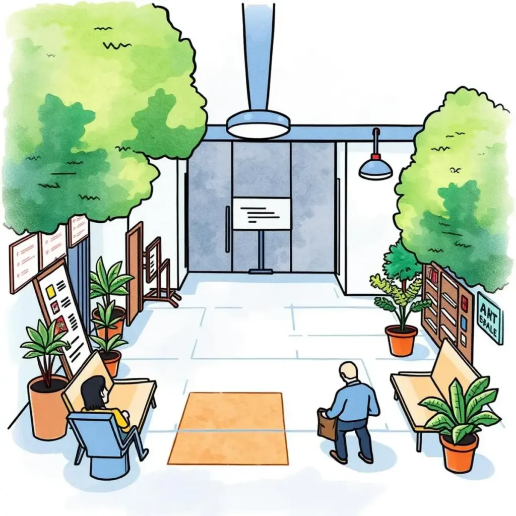 Real estate utilization insight generator: Generate insights on facility usage 1 A modern office lobby with plants, seating, and two people engaged in activity.