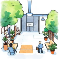 A modern office lobby with plants, seating, and two people engaged in activity.
