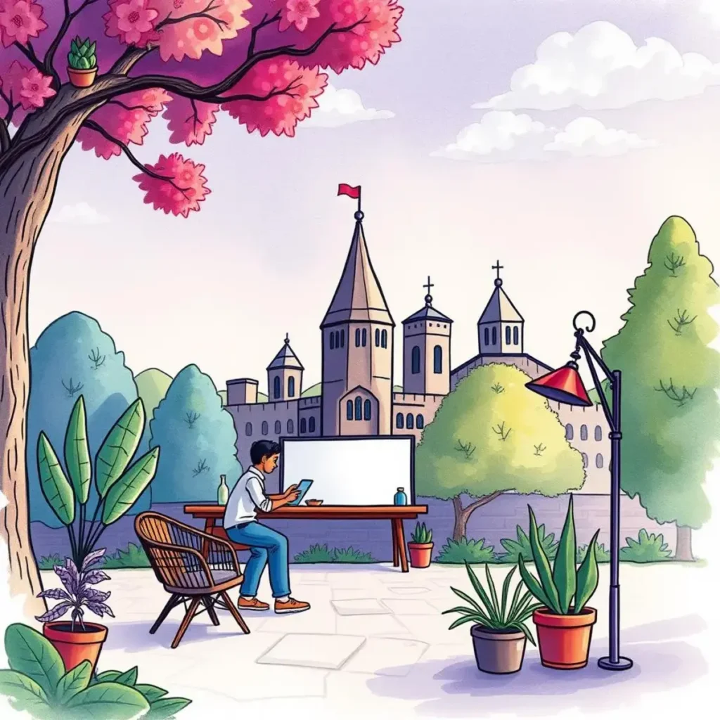 Rebranding messaging tool: Formulate clear core messaging for rebranding 1 Person using a messaging tool outdoors, surrounded by plants and historic buildings.