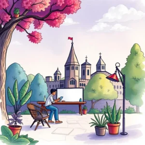 Person using a messaging tool outdoors, surrounded by plants and historic buildings.