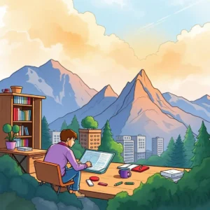 Approval insight generator: Provides insights for efficient approval decisions 1 Person working on a laptop outdoors, surrounded by mountains and nature.