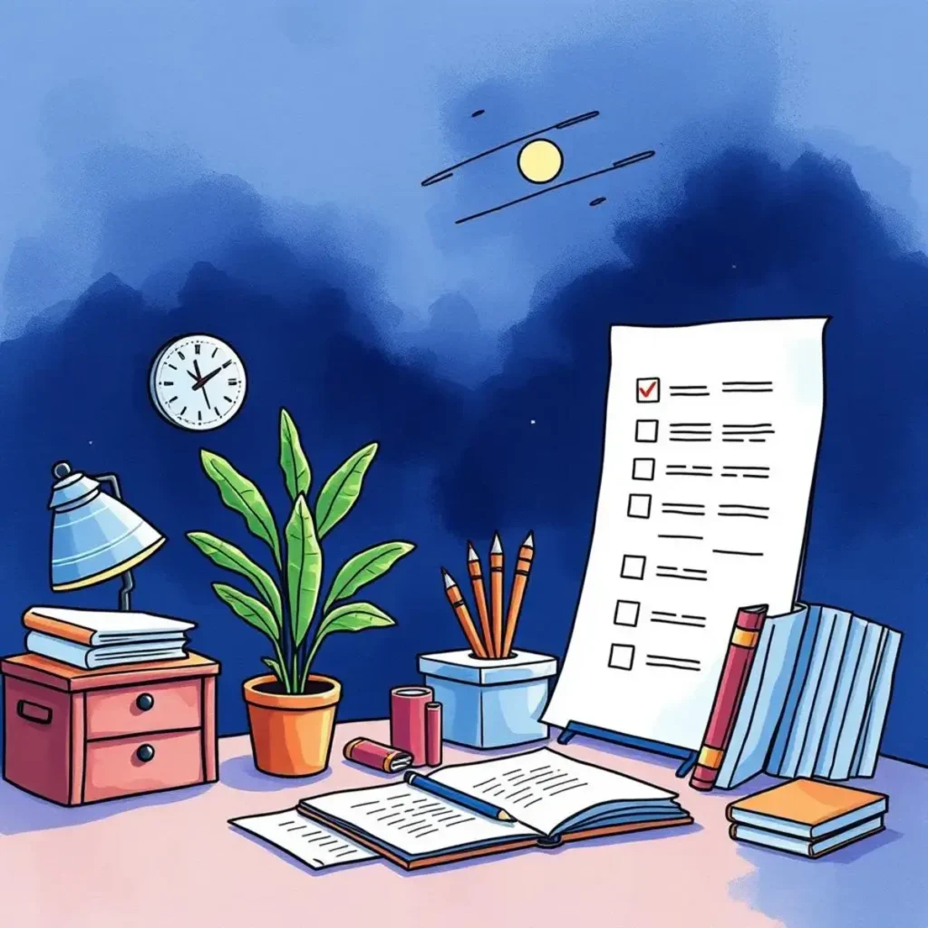 Pending items documentation tool: Document pending reconciliation items succinctly 1 Workspace with checklist, clock, and study materials for finance tasks.