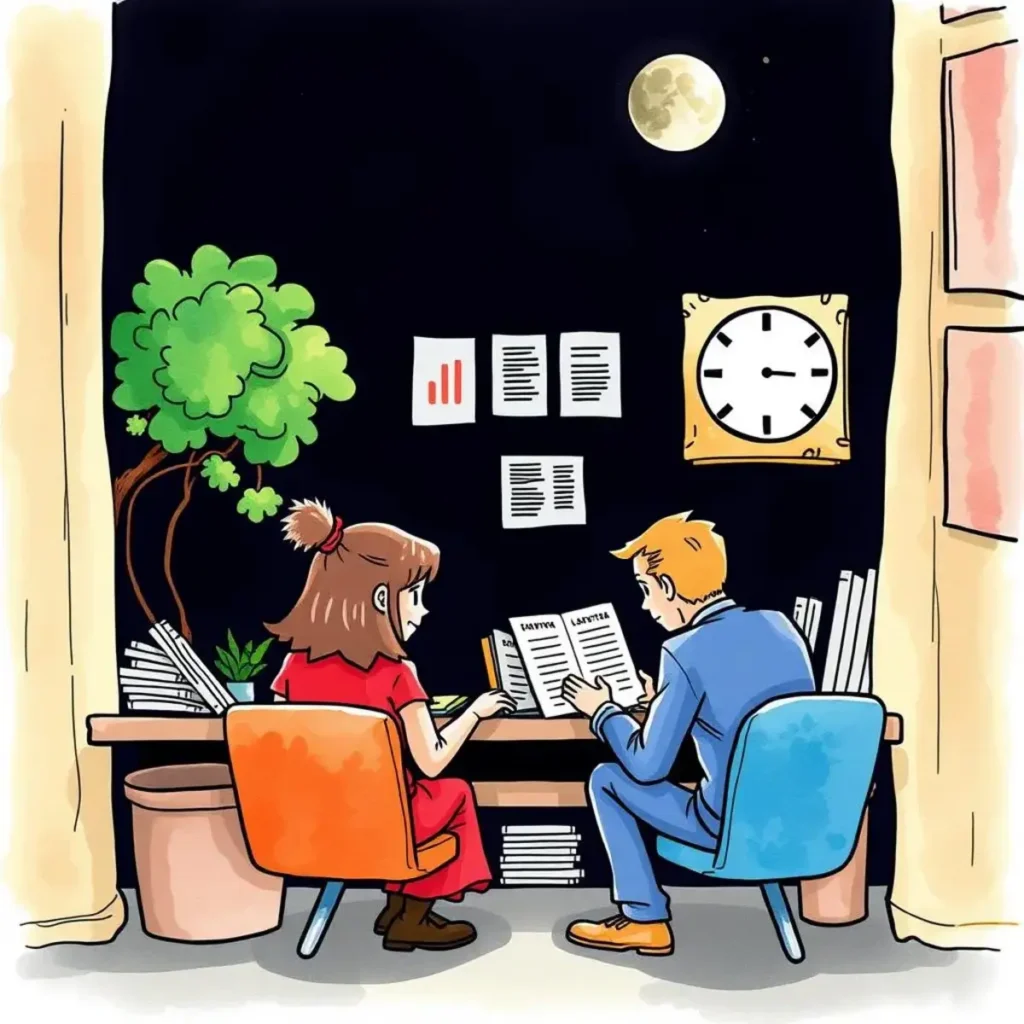 Transaction comparison assistant: Compare transactions for reconciliation accuracy 1 Two colleagues analyzing documents at a desk under moonlight.