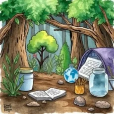 A serene forest scene depicting nature, documents, and environmental tools.