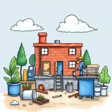 Person managing tools and materials around a house under maintenance.