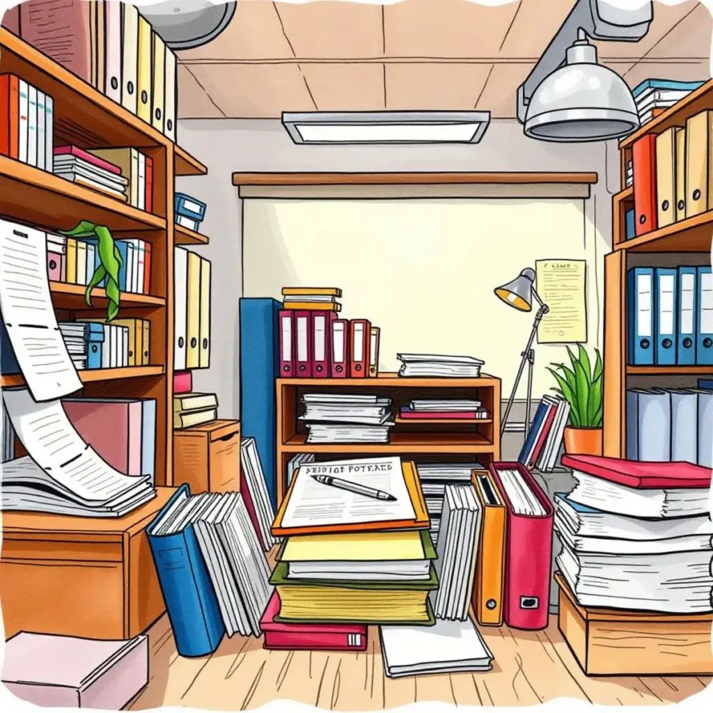Record organization assistant: Simplify record keeping and management 1 A cluttered office space with organized filing cabinets and documents.