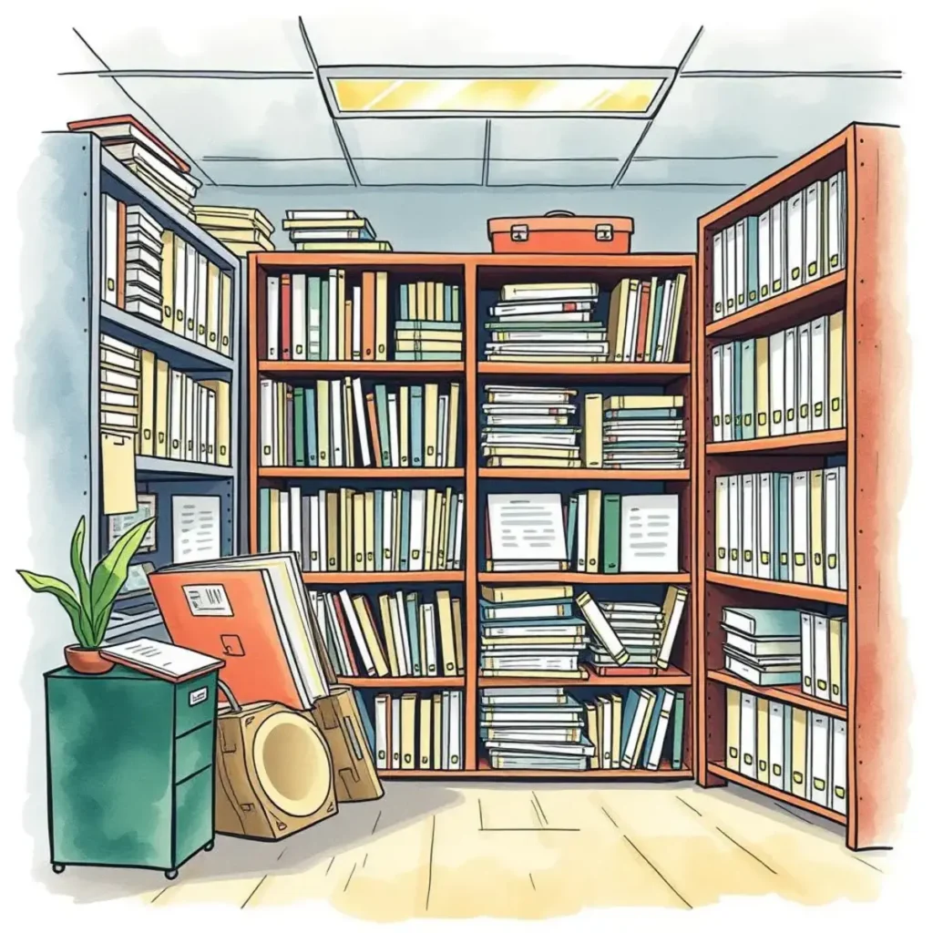 Record organizer: Streamline classification of records for easy access 1 Organized shelves filled with documents and storage solutions in an administrative office