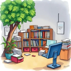 Cozy office space with organized files and a computer workstation.