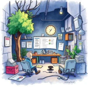 A cozy office space filled with recovery documentation and resources.