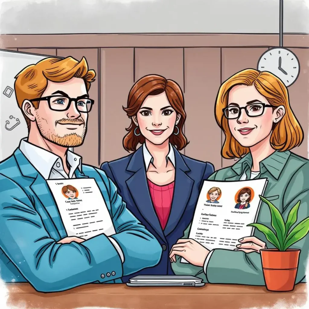Candidate profile synthesizer: Assemble detailed profiles from applicant resumes 1 Professionals reviewing candidate resumes for recruitment in human resources.