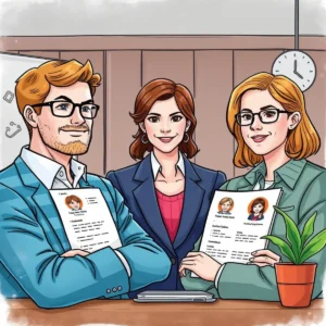 Professionals reviewing candidate resumes for recruitment in human resources.