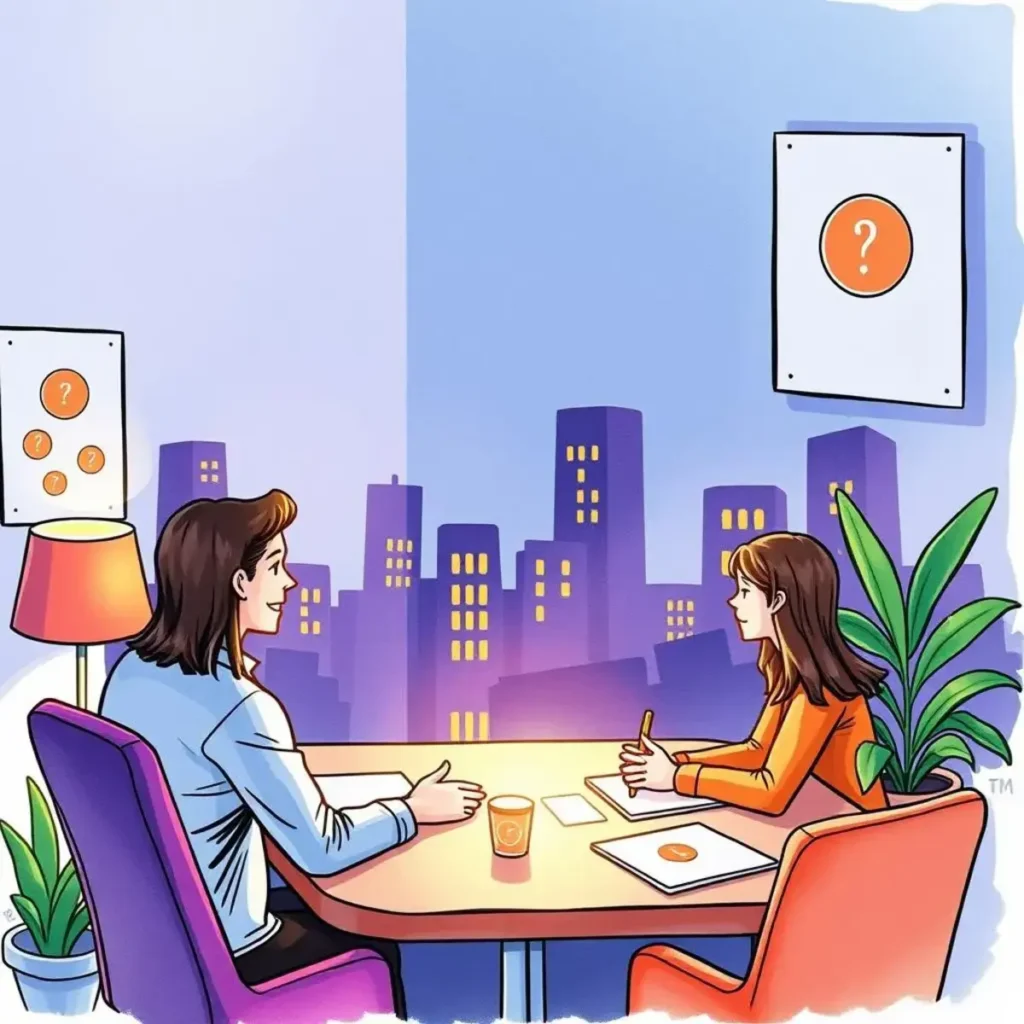 Recruitment communication enhancer: Improve messaging for candidate interactions 1 Two professionals engage in a discussion about recruitment strategies in an office setting.