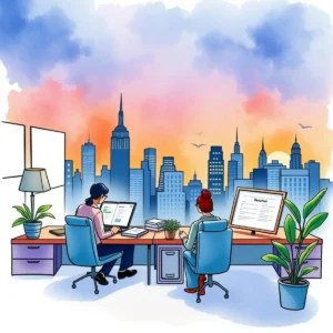Two professionals using technology to enhance resume keyword extraction in an office.