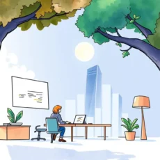 A professional working on a computer in a bright office surrounded by greenery and cityscape.