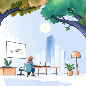 A professional working on a computer in a bright office surrounded by greenery and cityscape.