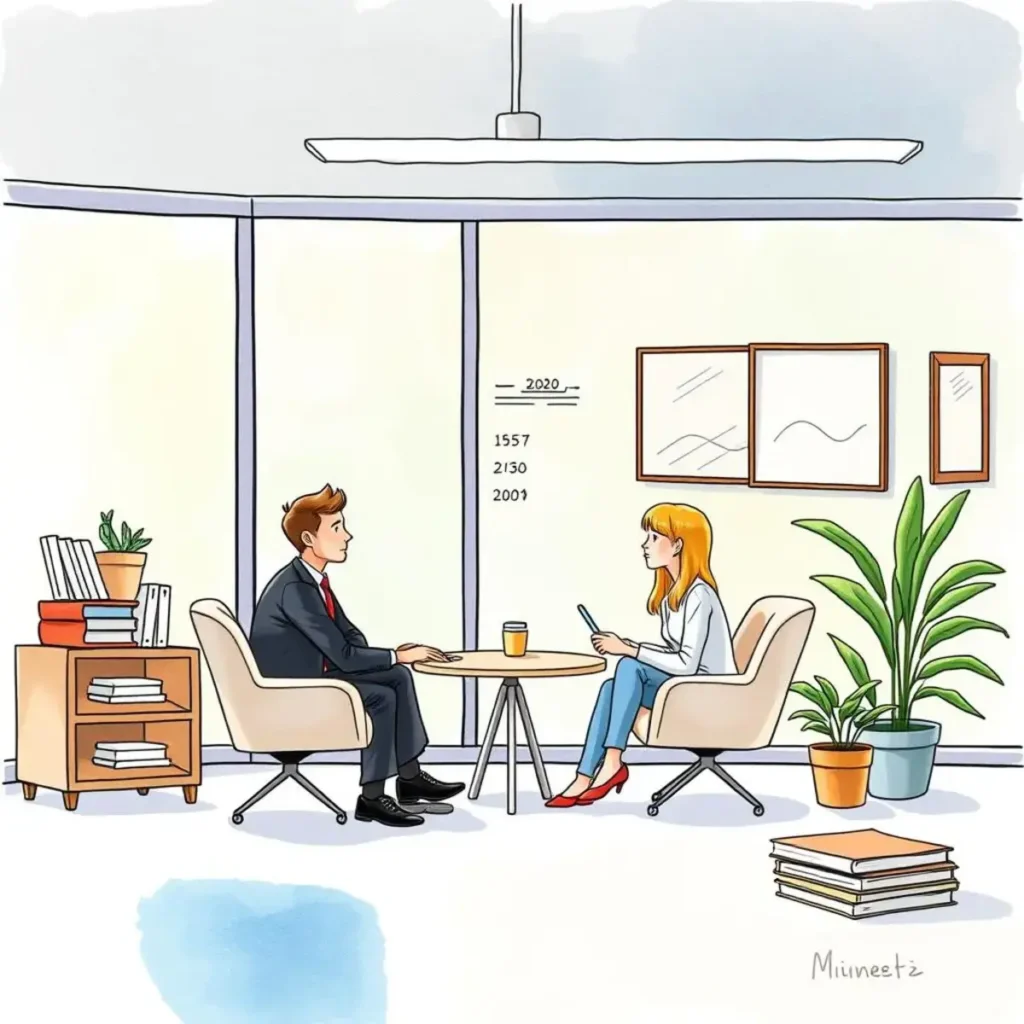 Recruitment strategy evaluator: Evaluate effectiveness of recruitment strategies 1 A professional meeting scenario between a male interviewer and a female interviewee in a modern office setting.
