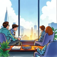 Professionals analyze refinancing strategies with a city skyline backdrop.