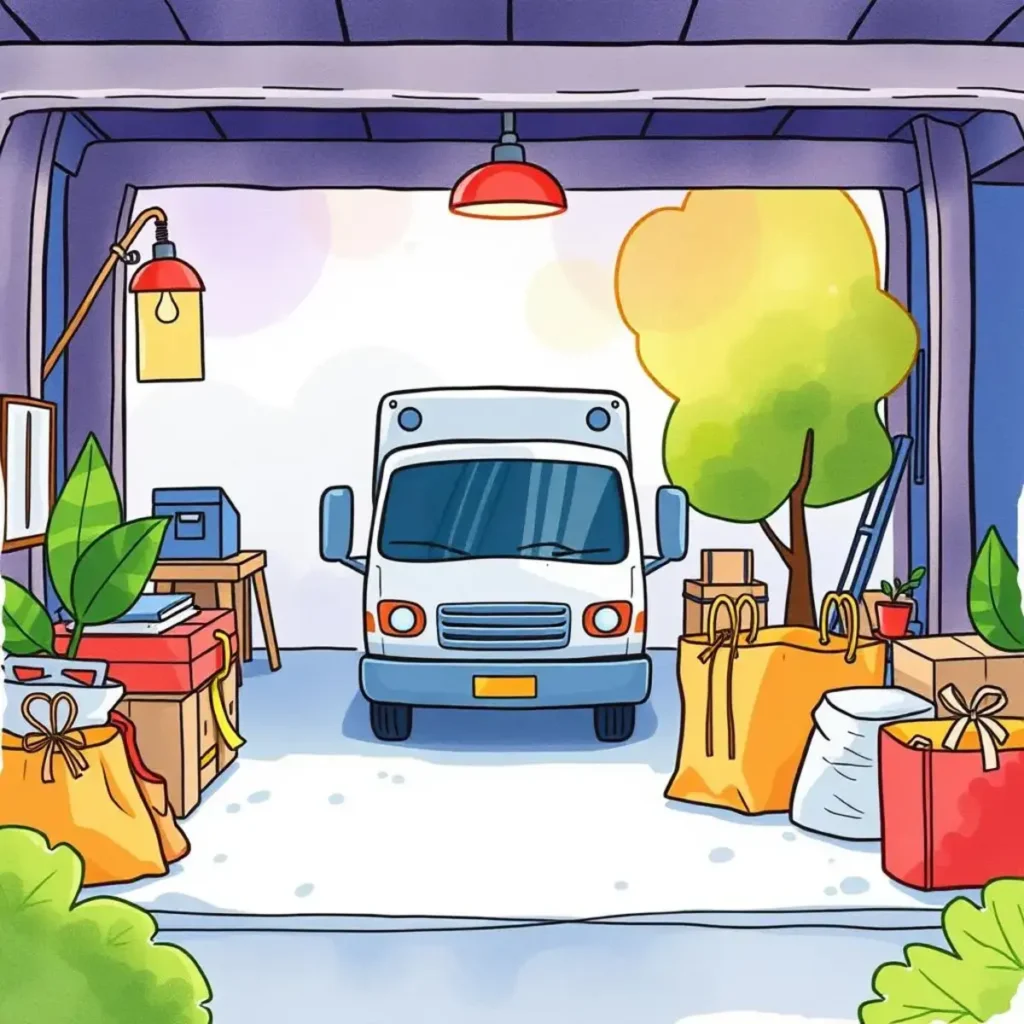 Refund confirmation template: Create standardized refund confirmation messages 1 Delivery vehicle in a garage surrounded by labeled packages and plants.