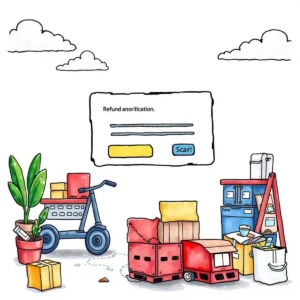 Refund notification generator: Create refund notification emails for customers 8 Illustration of a refund notification generator with delivery items and tools.