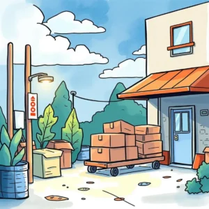 Refund status update writer: Generate updates on refund status for users 5 A sunny returns facility with stacked boxes and greenery.