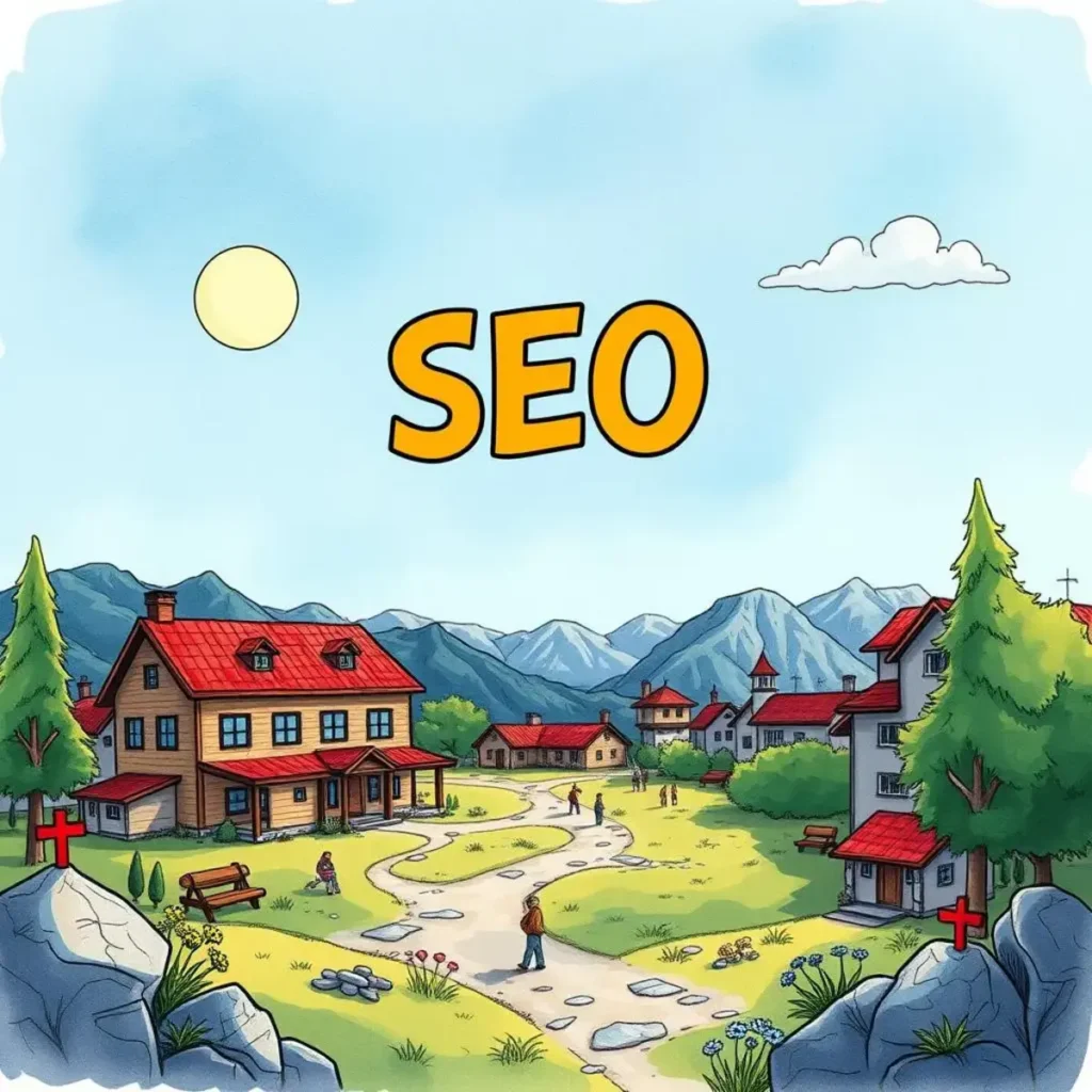 Region-based content optimizer: Optimize web content for regional relevance 1 Illustration of a scenic town highlighting regional seo optimization.