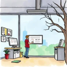 A person updates a digital display in an office setting, symbolizing regulatory compliance monitoring.