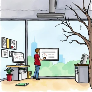 A person updates a digital display in an office setting, symbolizing regulatory compliance monitoring.