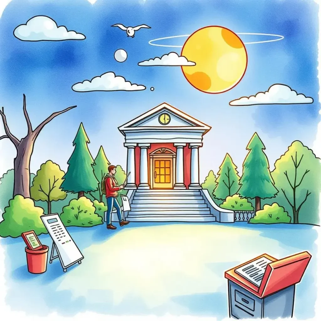 Regulatory compliance summarizer: Summarize regulations for easy understanding 1 Person evaluating regulations outside a classic compliance building in nature.