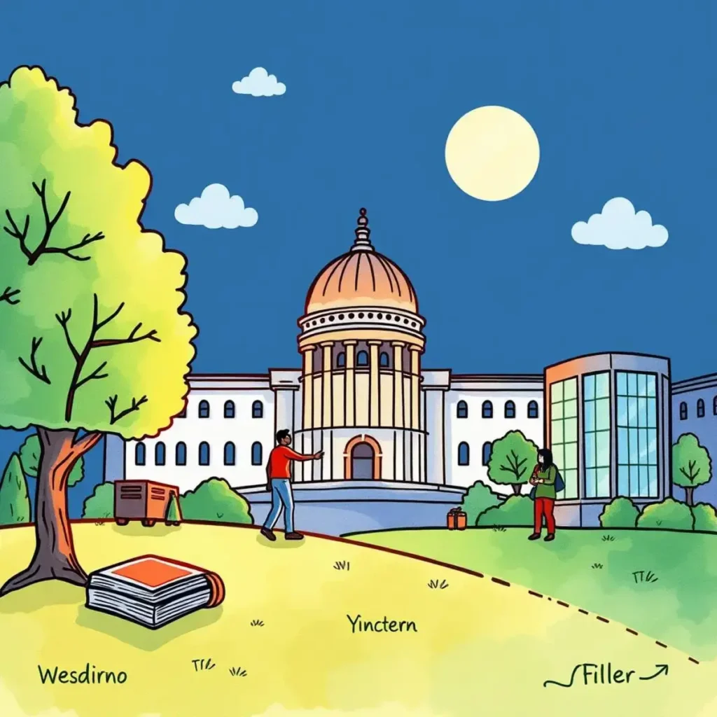 Illustration of a dome building with two people outdoors under a moonlit sky.
