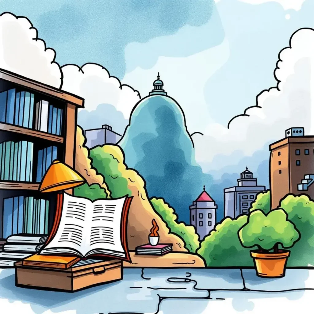 Regulatory requirement interpreter: Translate text into regulatory requirements 1 A tranquil workspace featuring an open book, lamp, and cityscape, ideal for data analysis.
