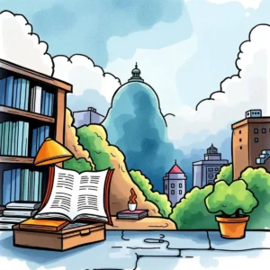 Regulatory requirement interpreter: Translate text into regulatory requirements 3 A tranquil workspace featuring an open book, lamp, and cityscape, ideal for data analysis.