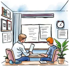 Two professionals analyzing payroll compliance documentation in an office.