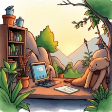 A cozy workspace with a laptop, documents, and plants in nature.