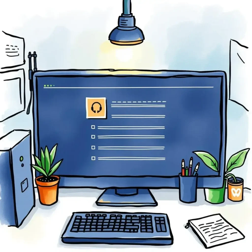 Support inquiry documentation tool: Generate clear inquiries for support ticket systems 1 A modern workspace featuring a monitor with support inquiry tool interface surrounded by plants and stationery.