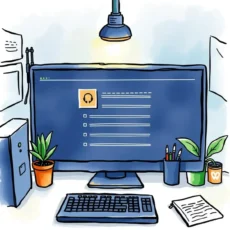 A modern workspace featuring a monitor with support inquiry tool interface surrounded by plants and stationery.