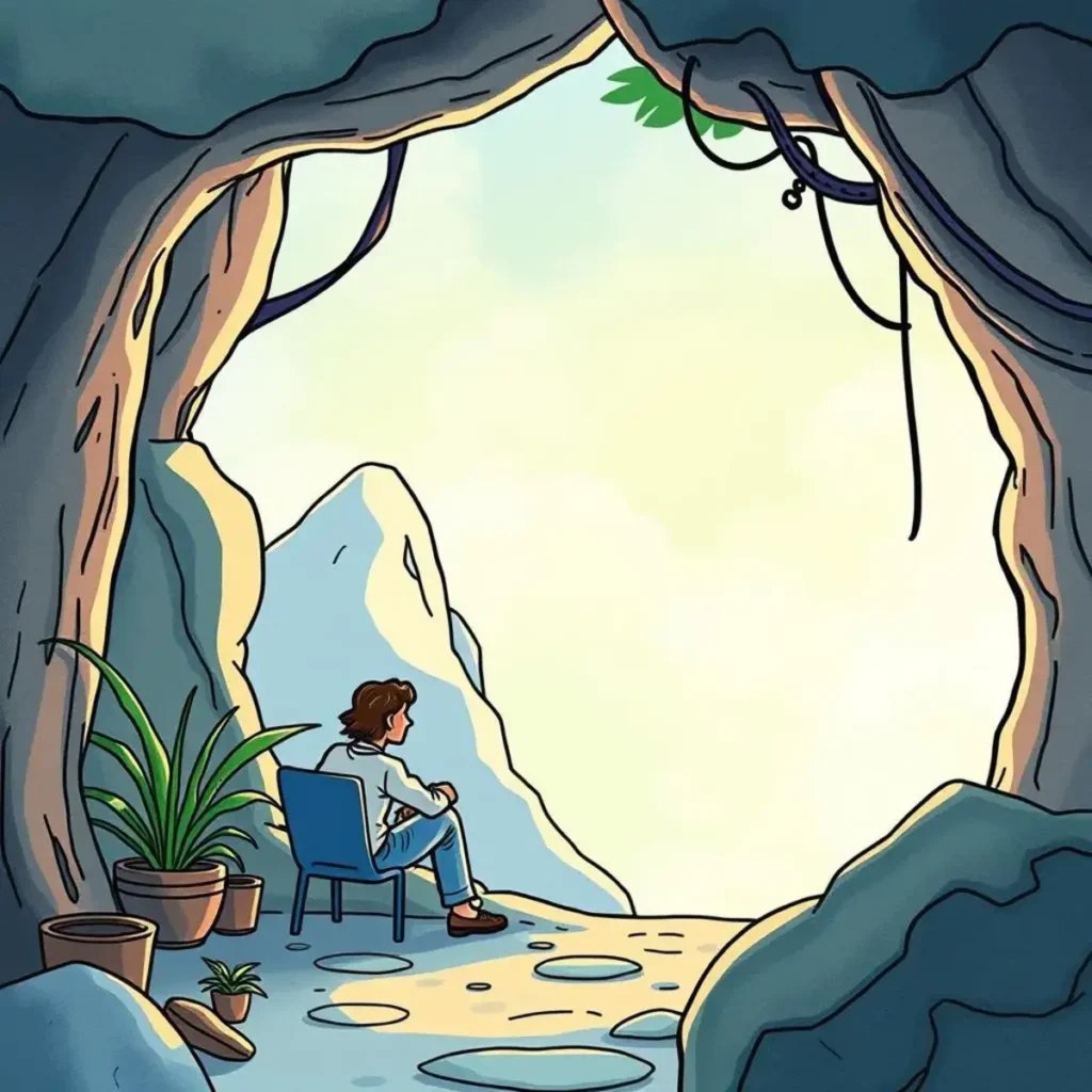Renewal calendar: Schedule and view all renewal dates 1 A person contemplating renewal dates in a serene cave setting.